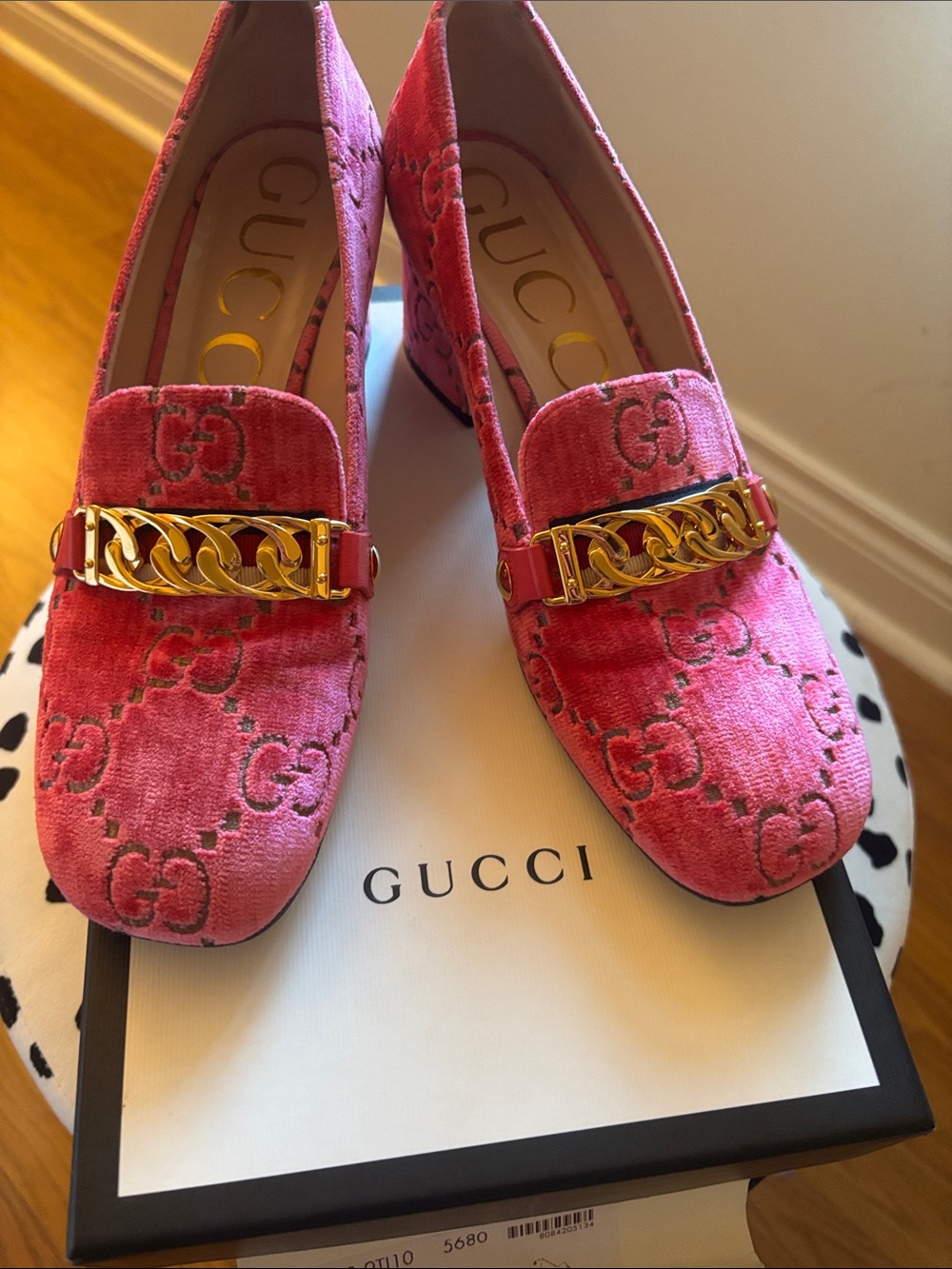Gucci Pink Velvet Chain-Detail Block Heel Loafers